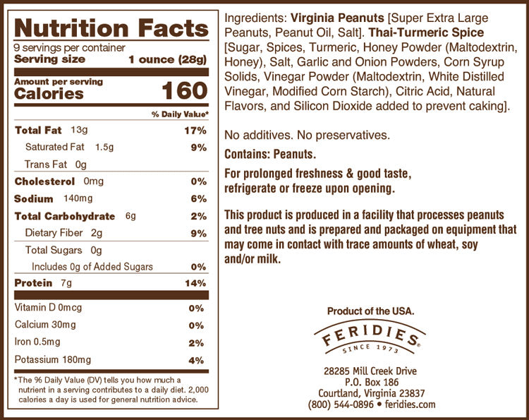9oz Thai-Turmeric Chili Virginia Peanuts, Seasoned Peanuts: FERIDIES